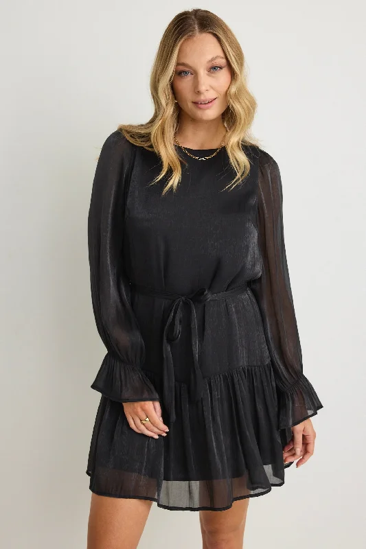 Liquid Black Shimmer LS Shift Mini Dress