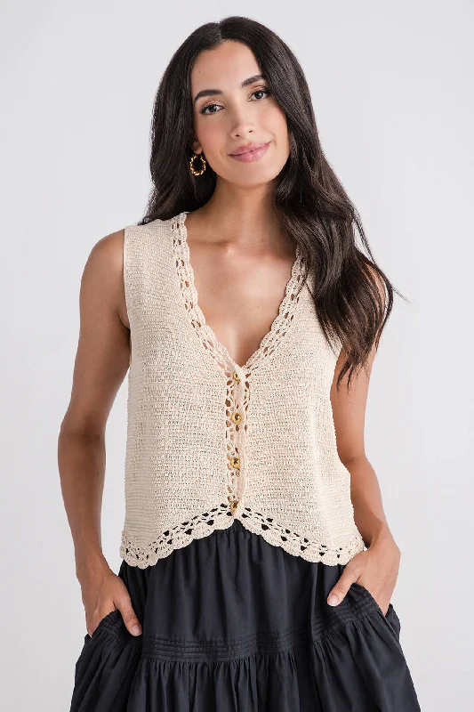 AnnieWear Crochet Trim Button Down Sweater Vest