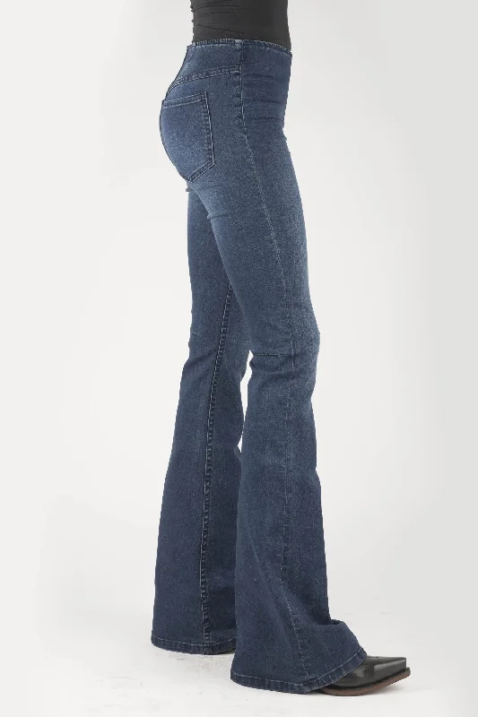 WOMENS HIGH RISE SKINNY FLARE ELASTIC WAIST JEANS