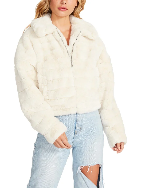 Just Fuzz Womens Faux Fur Cropped Faux Fur Coat