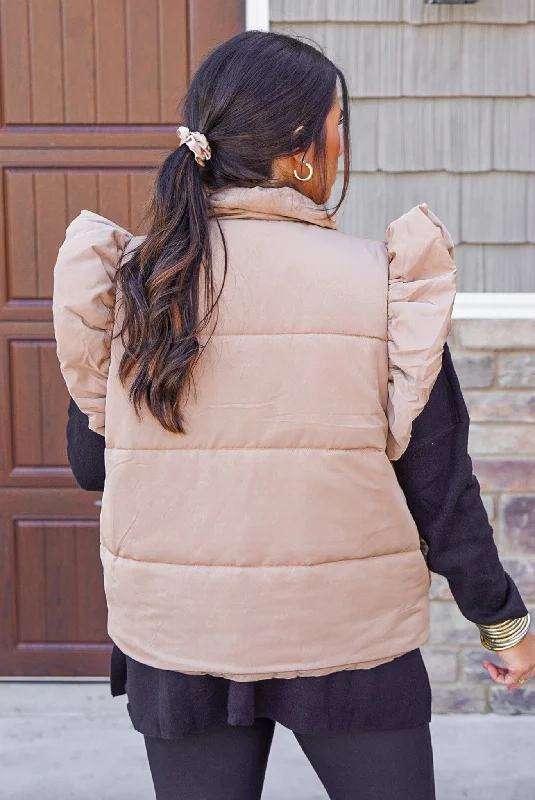 Ruffled Puffer Caramel Quilted Vest