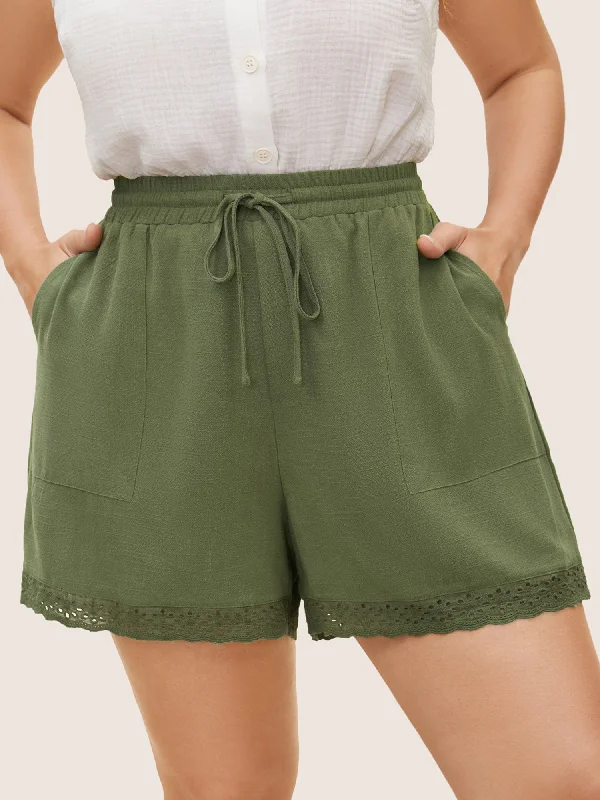 Cotton Linen Patchwork Broderie Anglaise Drawstring Shorts