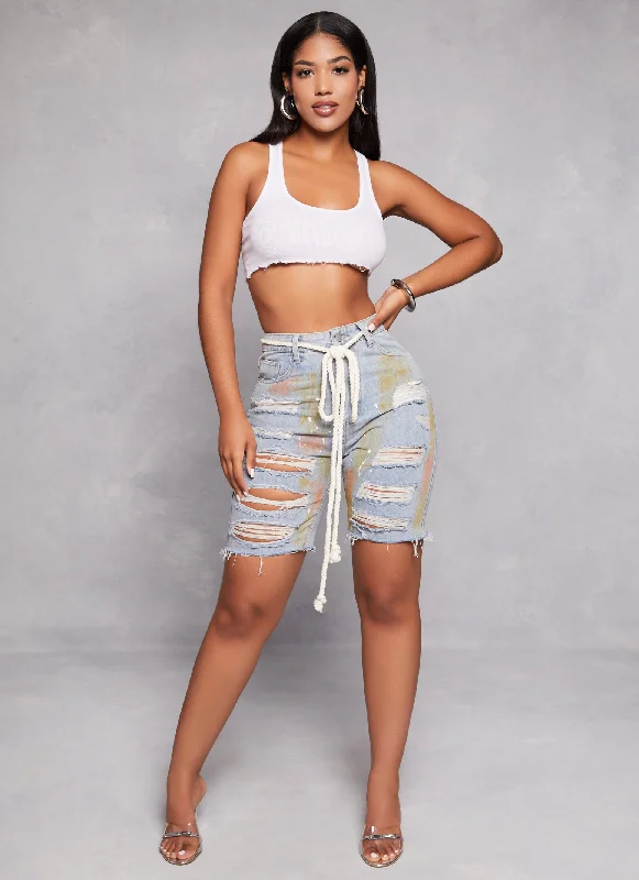 Distressed Paint Splatter Belted Bermuda Shorts