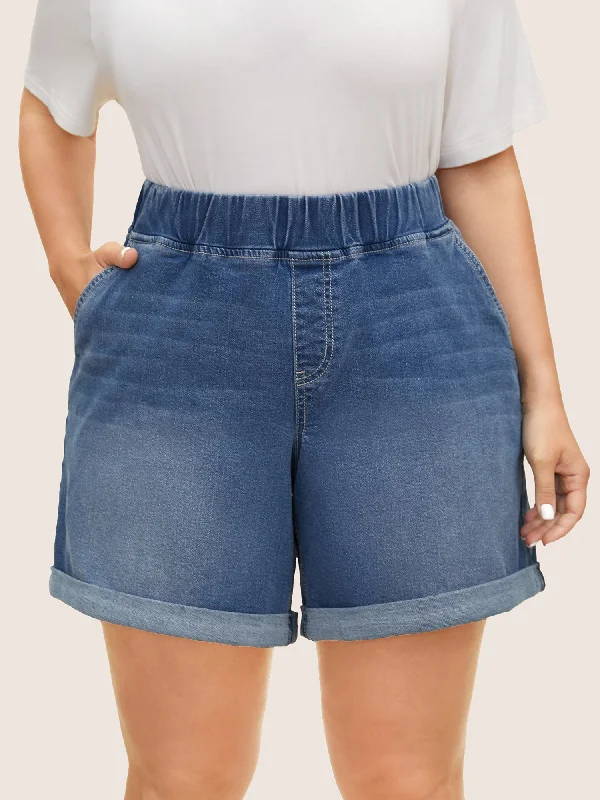 Medium Wash Roll Hem Loose Denim Shorts