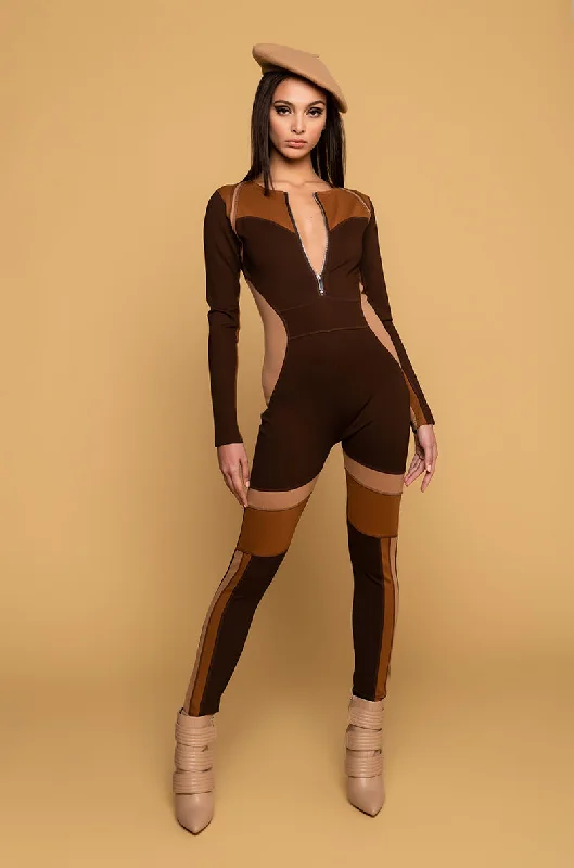 SEXY COLOR BLOCK CATSUIT CASUAL JUMPSUIT BROWN MULTI