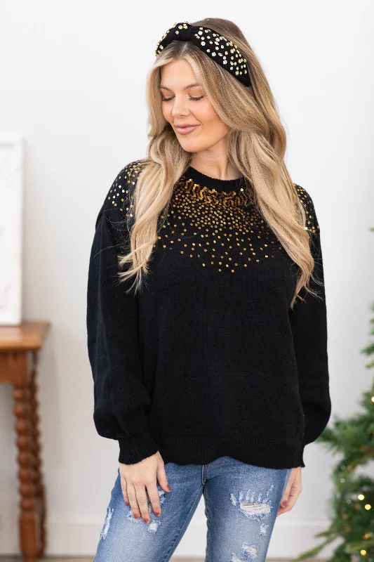 Black Sequin Detail Balloon Sleeve Sweater