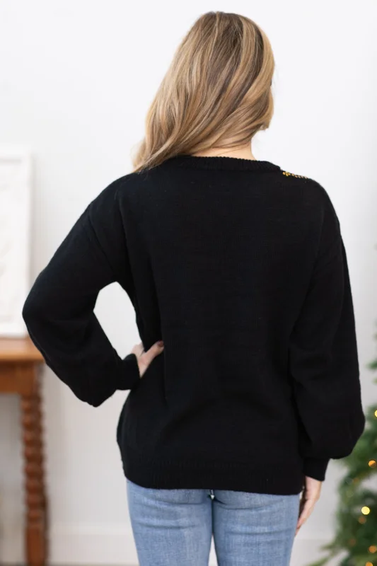 Black Sequin Detail Balloon Sleeve Sweater