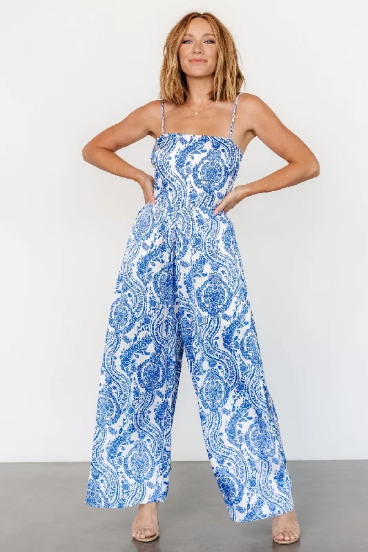 Evia Jumpsuit | Blue + White Print