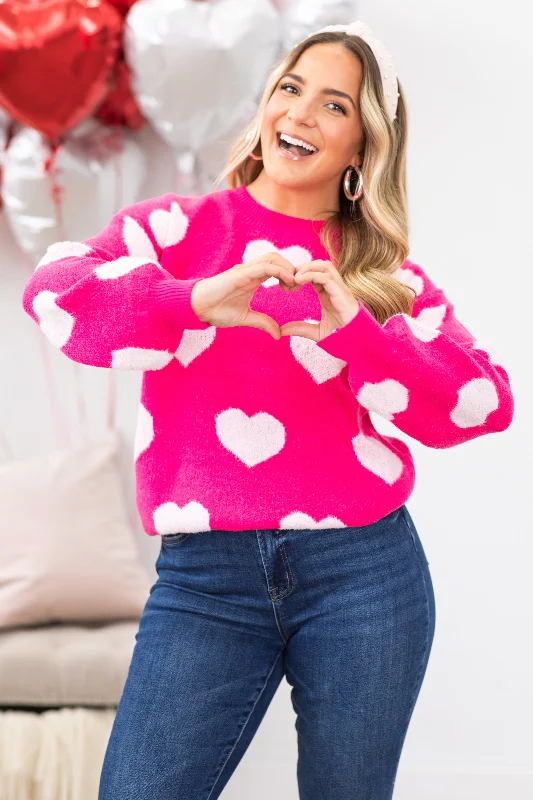 Hot Pink Heart Drop Shoulder Sweater