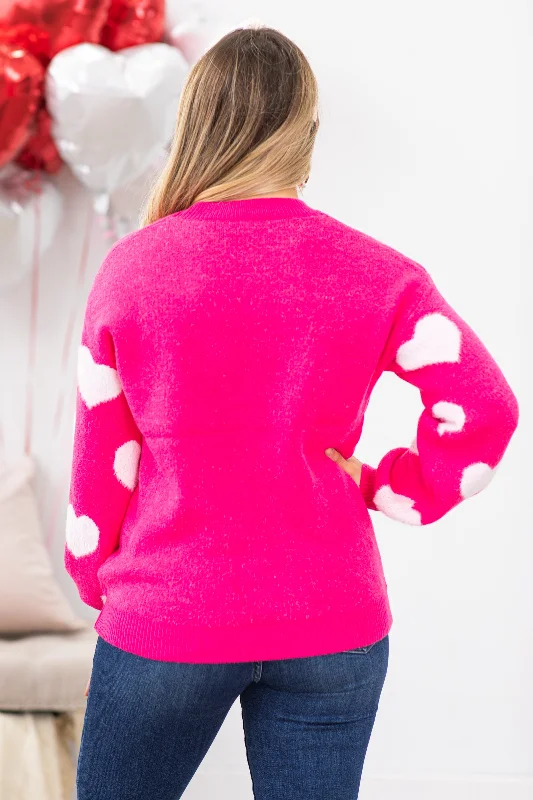 Hot Pink Heart Drop Shoulder Sweater