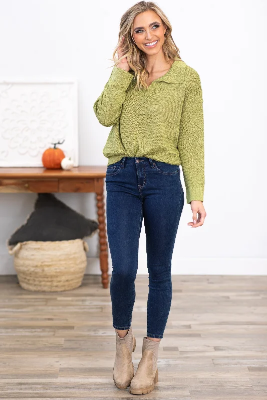 Light Olive Textured Sweater With Collar