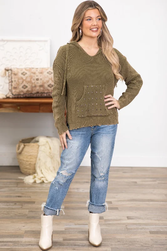 Olive Hooded Sweater With Studded Pocket